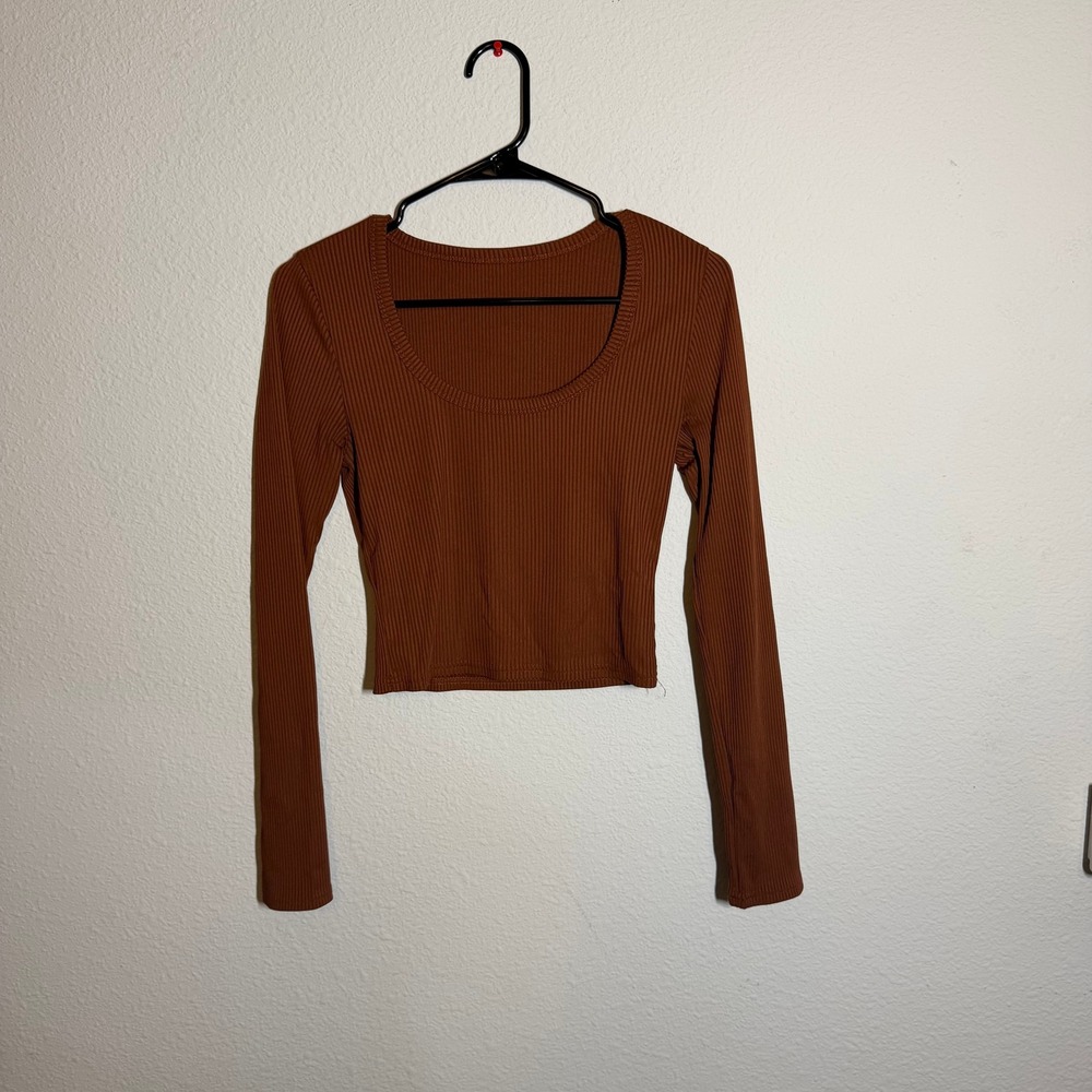 Unbranded Rust Brown Ribbed Long Sleeve Scoop Neck Crop Top Small